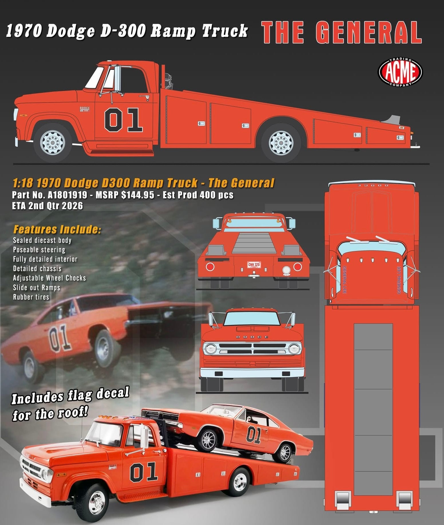 1:18 ACME 1970 Dodge D-300 Ramp Truck THE GENERAL LEE NEW – New