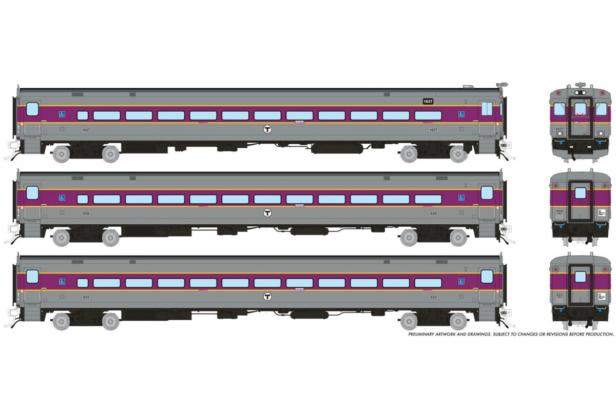 PRE-ORDER: Rapido 1084015 - Comet Car Massachusetts Bay Transportation Authority (MBTA) Modern: Set #3 (Cab: 1637 Coaches: 609, 623) - HO Scale