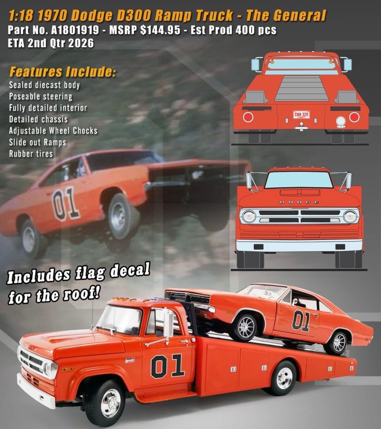 1:18 ACME 1970 Dodge D-300 Ramp Truck THE GENERAL PREORDER LATE 2026