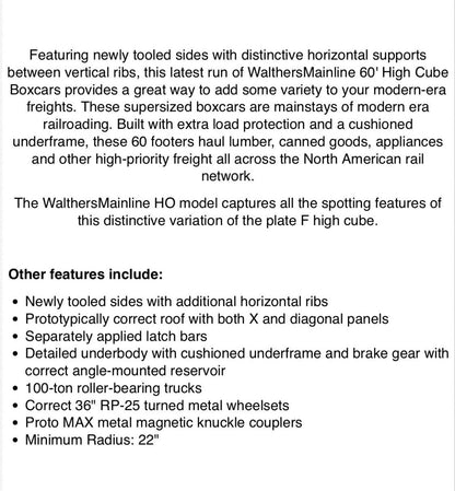 Walthers 910-3117 HO 60' High-Cube Plate F Horizontal Post Boxcar TTX 630053
