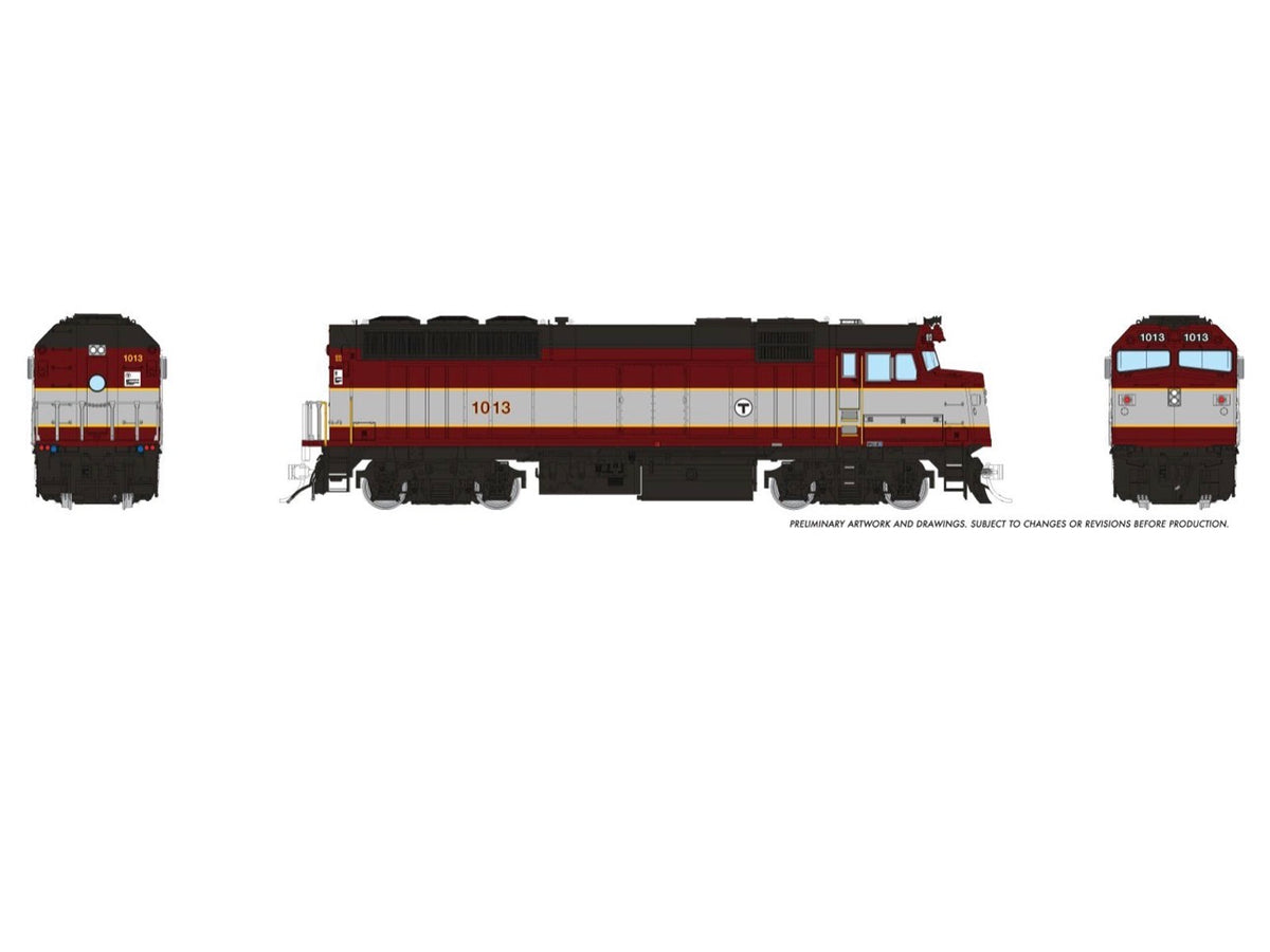 PRE-ORDER: Rapido 1043015 - EMD F40PH (DC Silent) Massachusetts Bay Transportation Authority (MBTA) 1013 Maroon & Silver - HO Scale