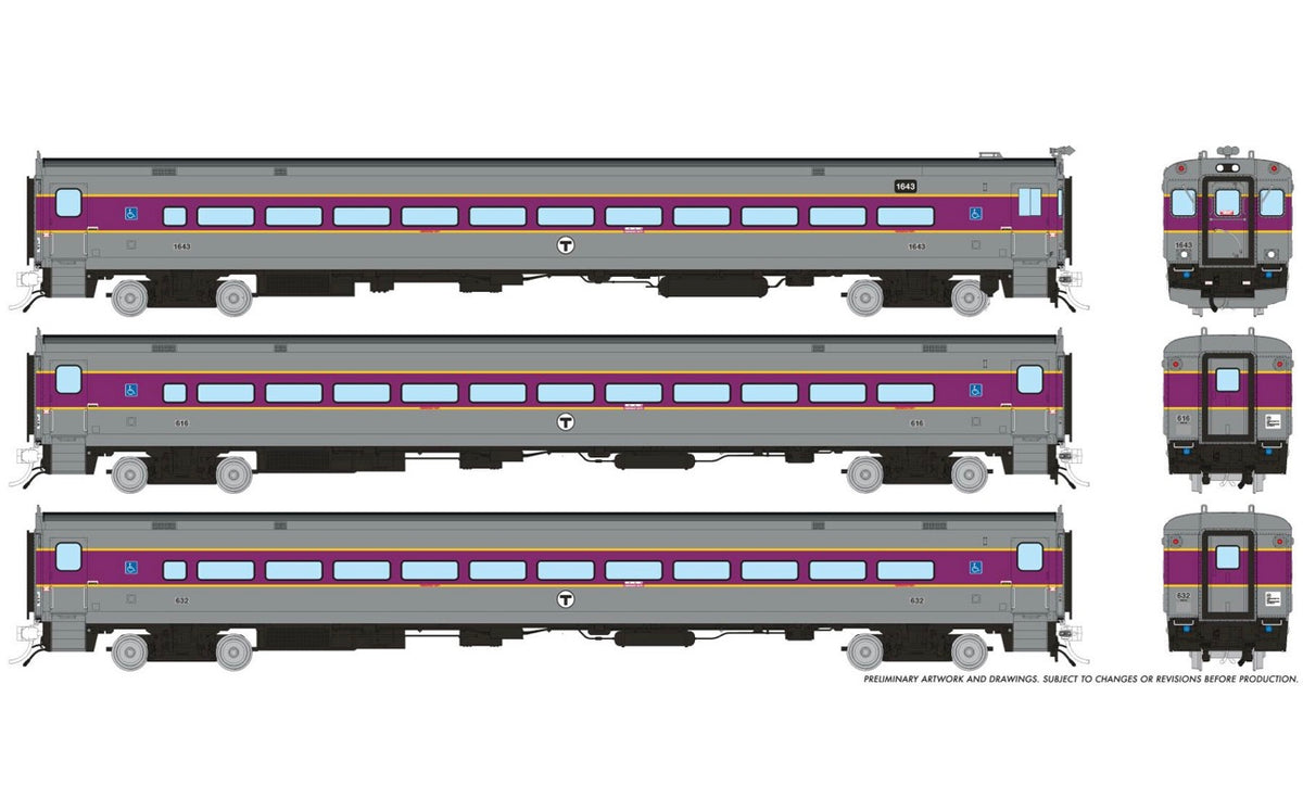 PRE-ORDER: Rapido 1084016 - Comet Car Massachusetts Bay Transportation Authority (MBTA) Modern: Set #4 (Cab: 1643 Coaches: 616, 632) - HO Scale