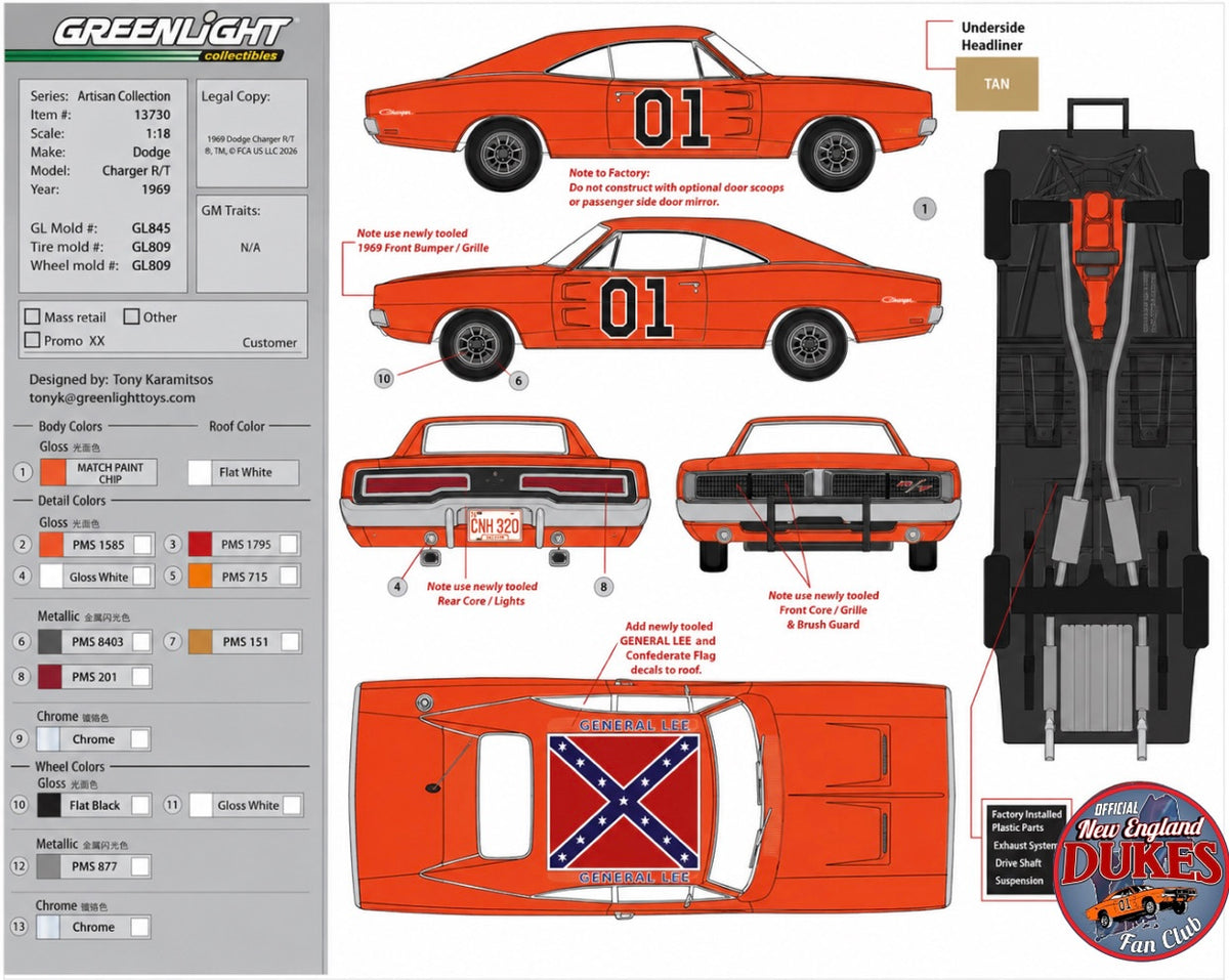 1:18 1969 Dodge Charger GENERAL LEE Greenlight No. 13730 (New Tooling) Preorder Winter 2027